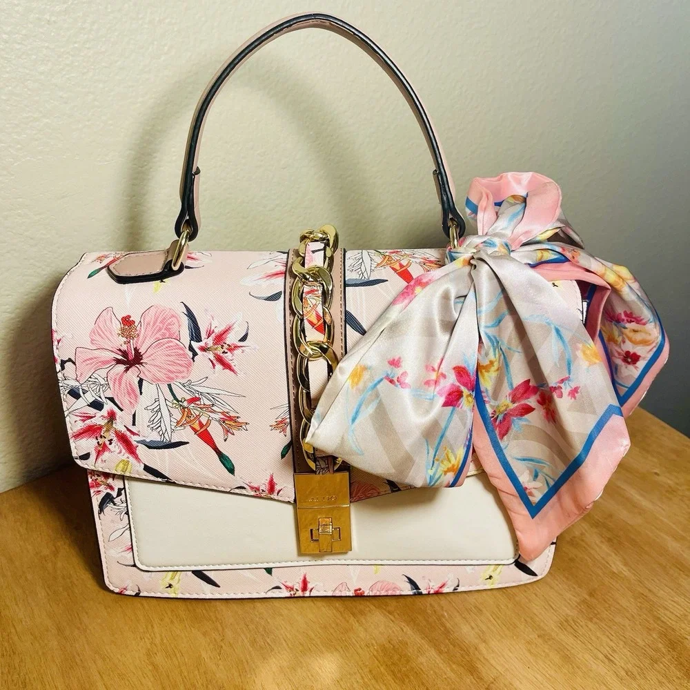 ALDO Cailla Floral Top Handle Bag Purse Pink Crossbody Bow Scarf Accent Vacation